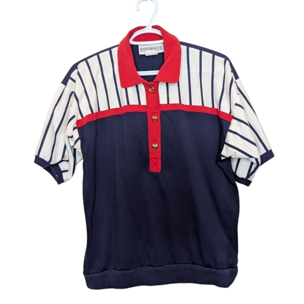 Vintage Peter Popovitch Large Nautical Blue Red White Striped Gold Heart T-shirt